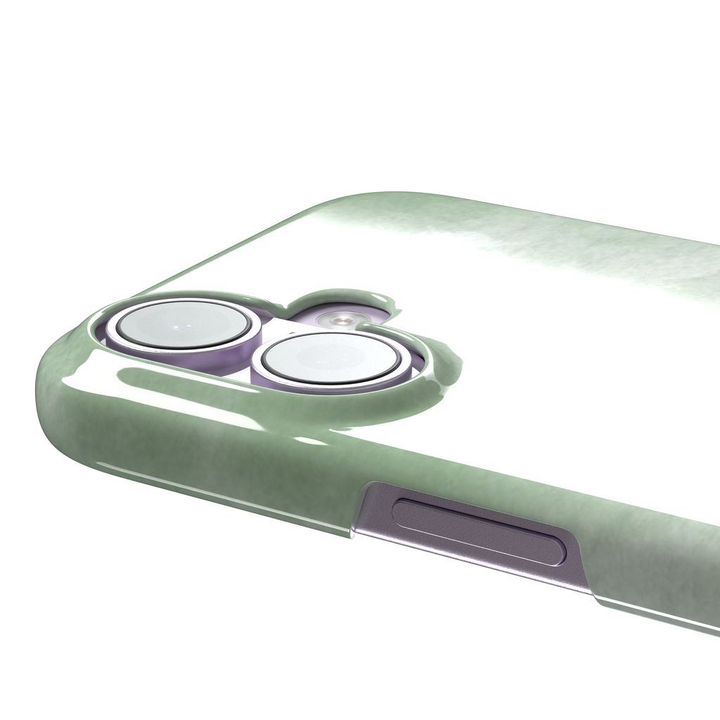 Sage Green watercolor phone case with soft misty sage and white wash texture, phone case by Caselier — snap case, volume buttons detail