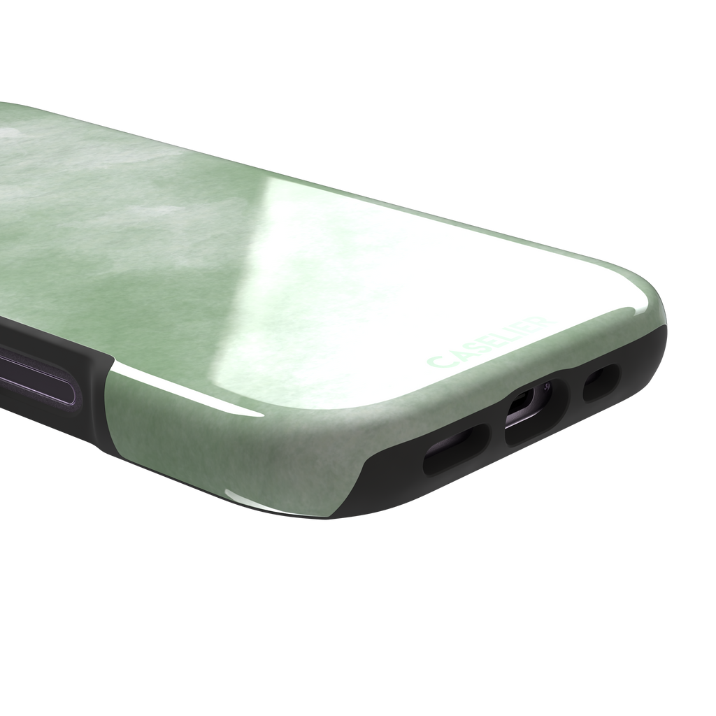 Sage Green watercolor phone case with soft misty sage and white wash texture, phone case by Caselier — tough case, charging port detail