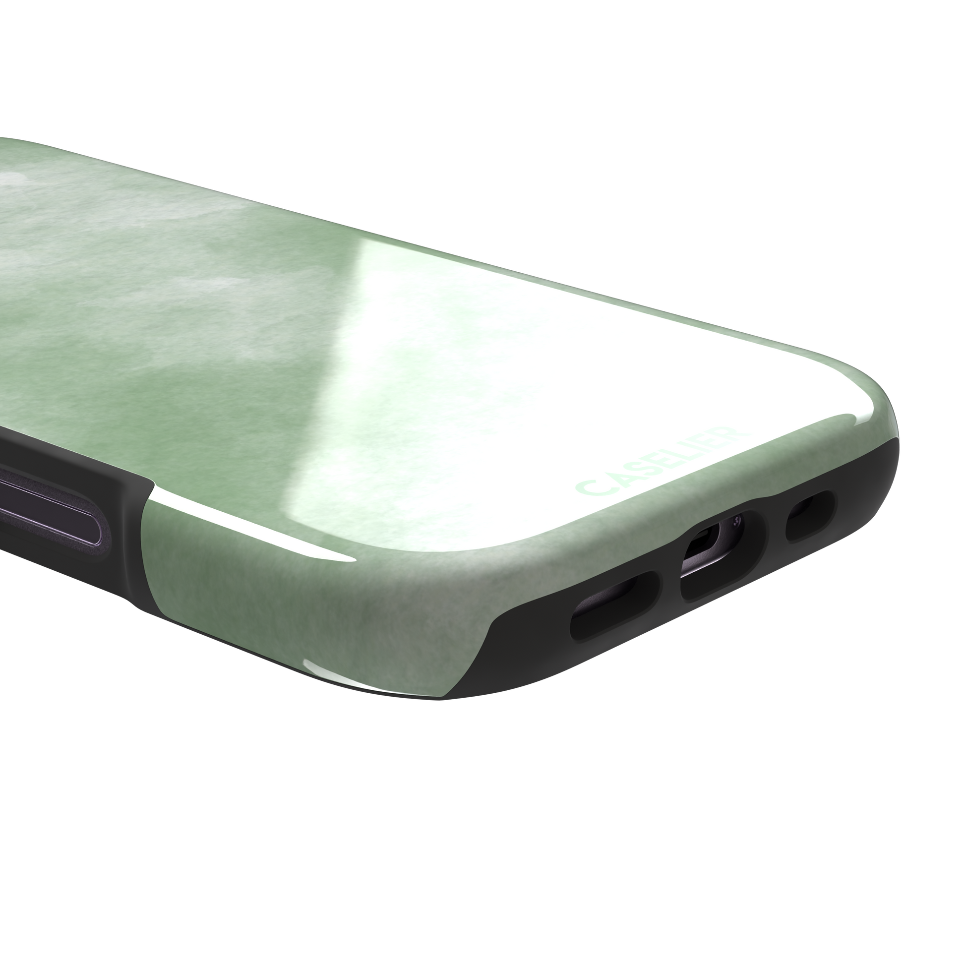 Sage Green watercolor phone case with soft misty sage and white wash texture, phone case by Caselier — tough case, charging port detail