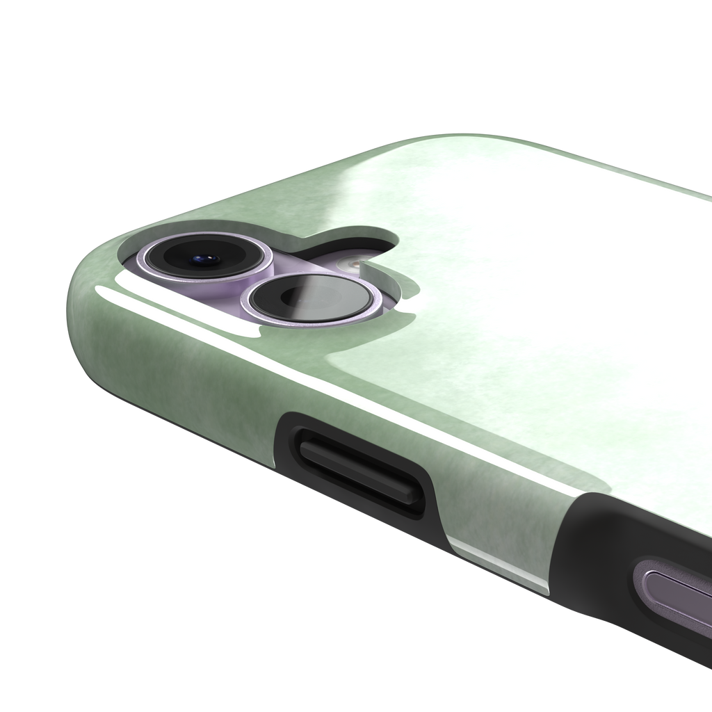 Sage Green watercolor phone case with soft misty sage and white wash texture, phone case by Caselier — tough case, volume buttons detail