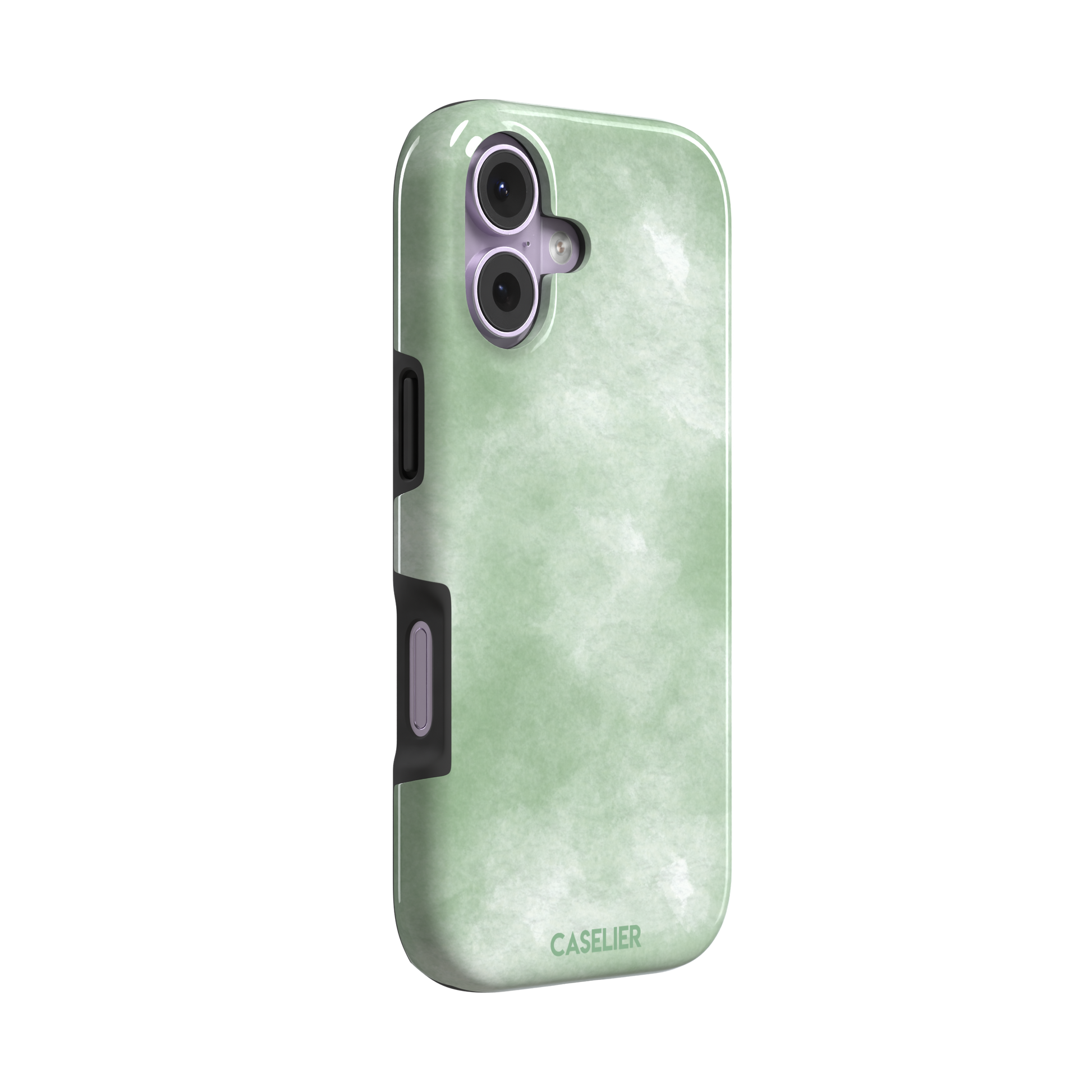 Sage Green watercolor phone case with soft misty sage and white wash texture, phone case by Caselier — tough case, left view