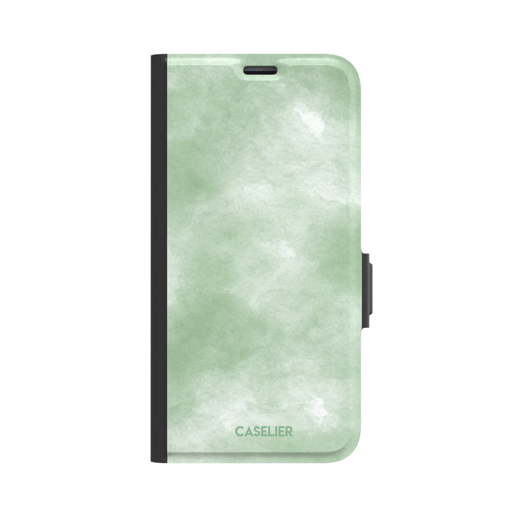 Sage Green watercolor phone case with soft misty sage and white wash texture, phone case by Caselier — wallet case, front view
