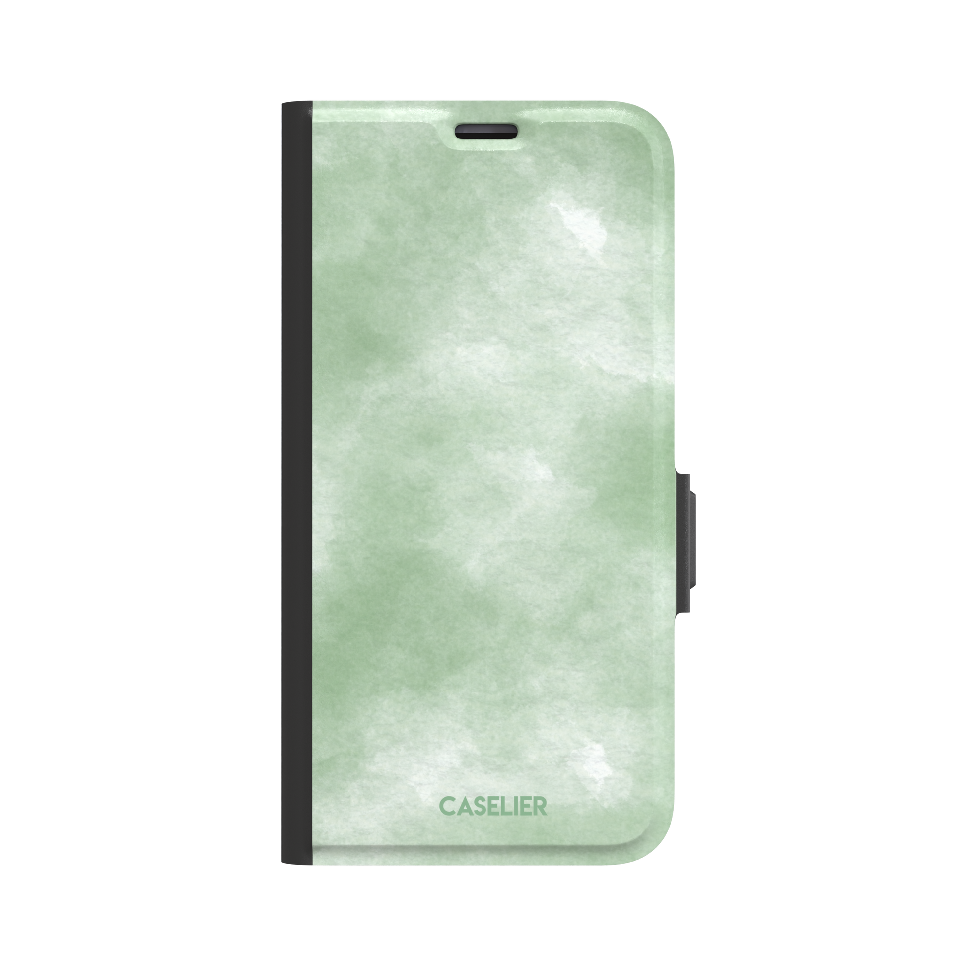 Sage Green watercolor phone case with soft misty sage and white wash texture, phone case by Caselier — wallet case, front view