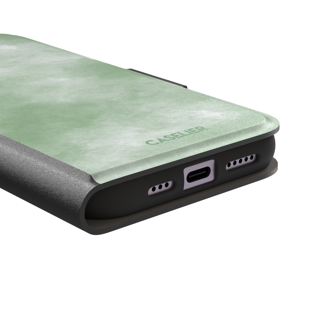 Sage Green watercolor phone case with soft misty sage and white wash texture, phone case by Caselier — wallet case, charging port detail