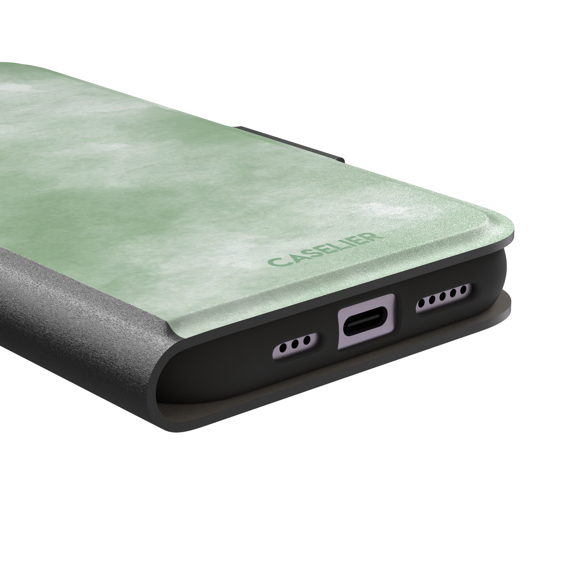 Sage Green watercolor phone case with soft misty sage and white wash texture, phone case by Caselier — wallet case, charging port detail