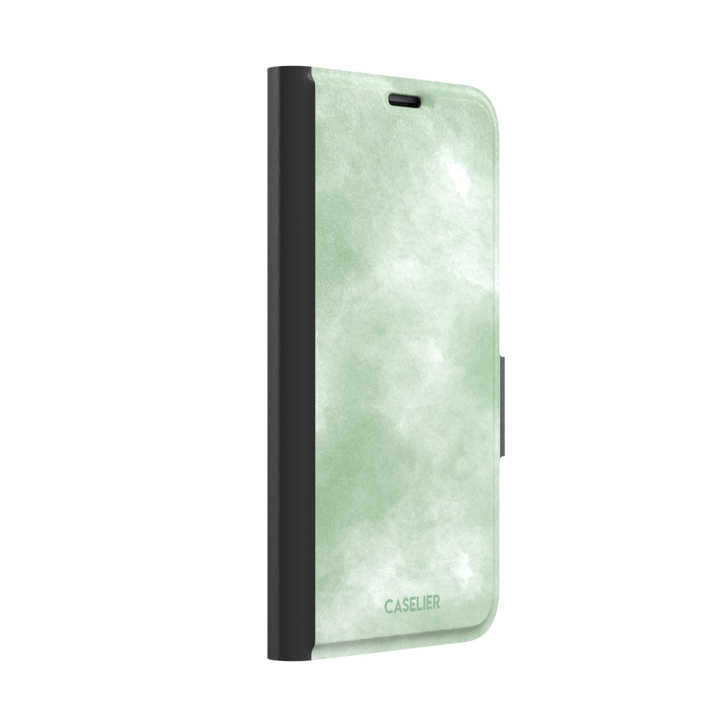 Sage Green watercolor phone case with soft misty sage and white wash texture, phone case by Caselier — wallet case, left view