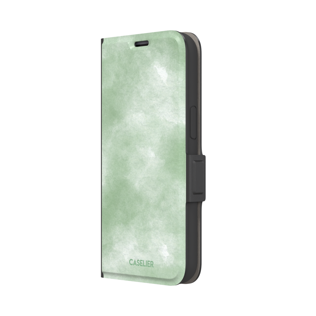 Sage Green watercolor phone case with soft misty sage and white wash texture, phone case by Caselier — wallet case, right view