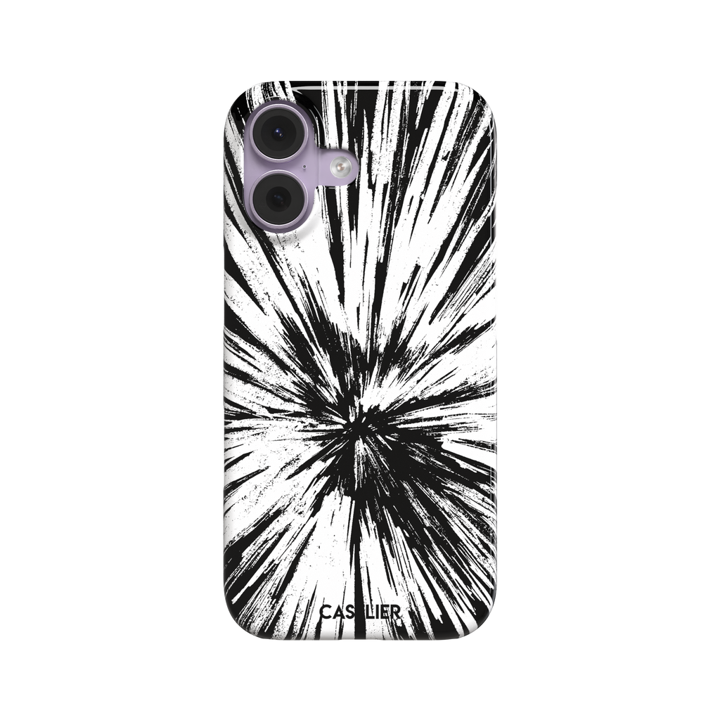 Shattered phone case with explosive radial black brushstroke burst on white background, phone case by Caselier — snap case, front view
