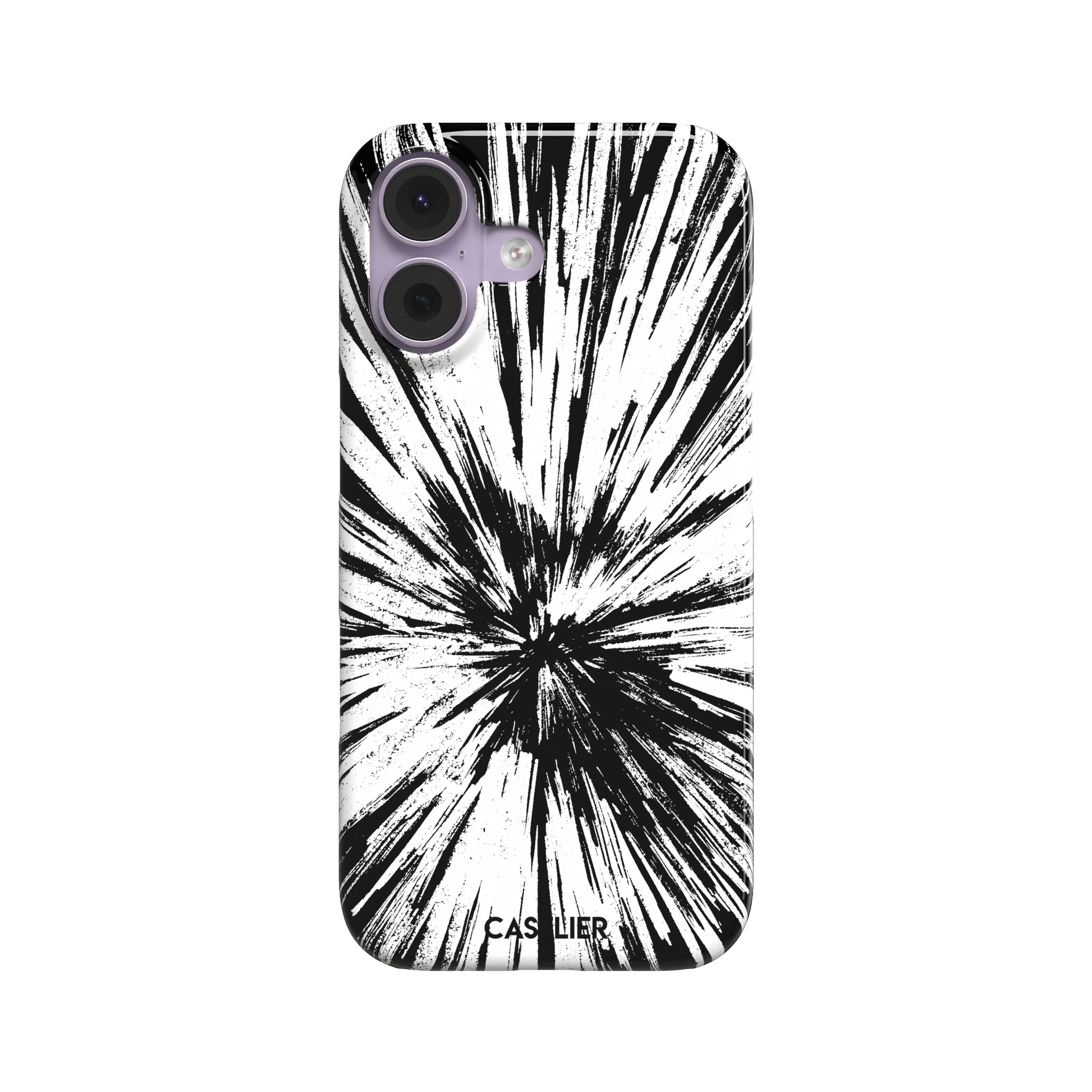 Shattered phone case with explosive radial black brushstroke burst on white background, phone case by Caselier — snap case, front view