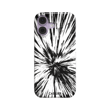 Shattered phone case with explosive radial black brushstroke burst on white background, phone case by Caselier — snap case, front view