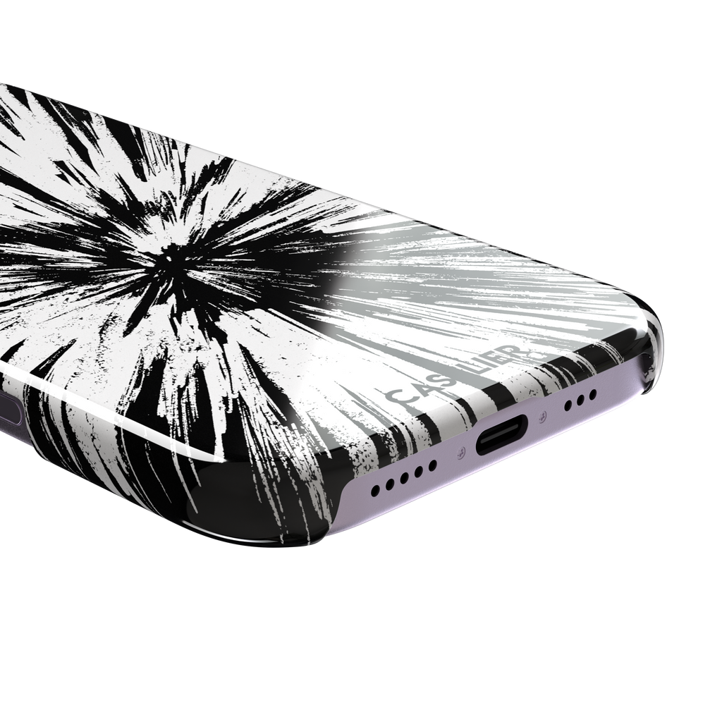 Shattered phone case with explosive radial black brushstroke burst on white background, phone case by Caselier — snap case, charging port detail