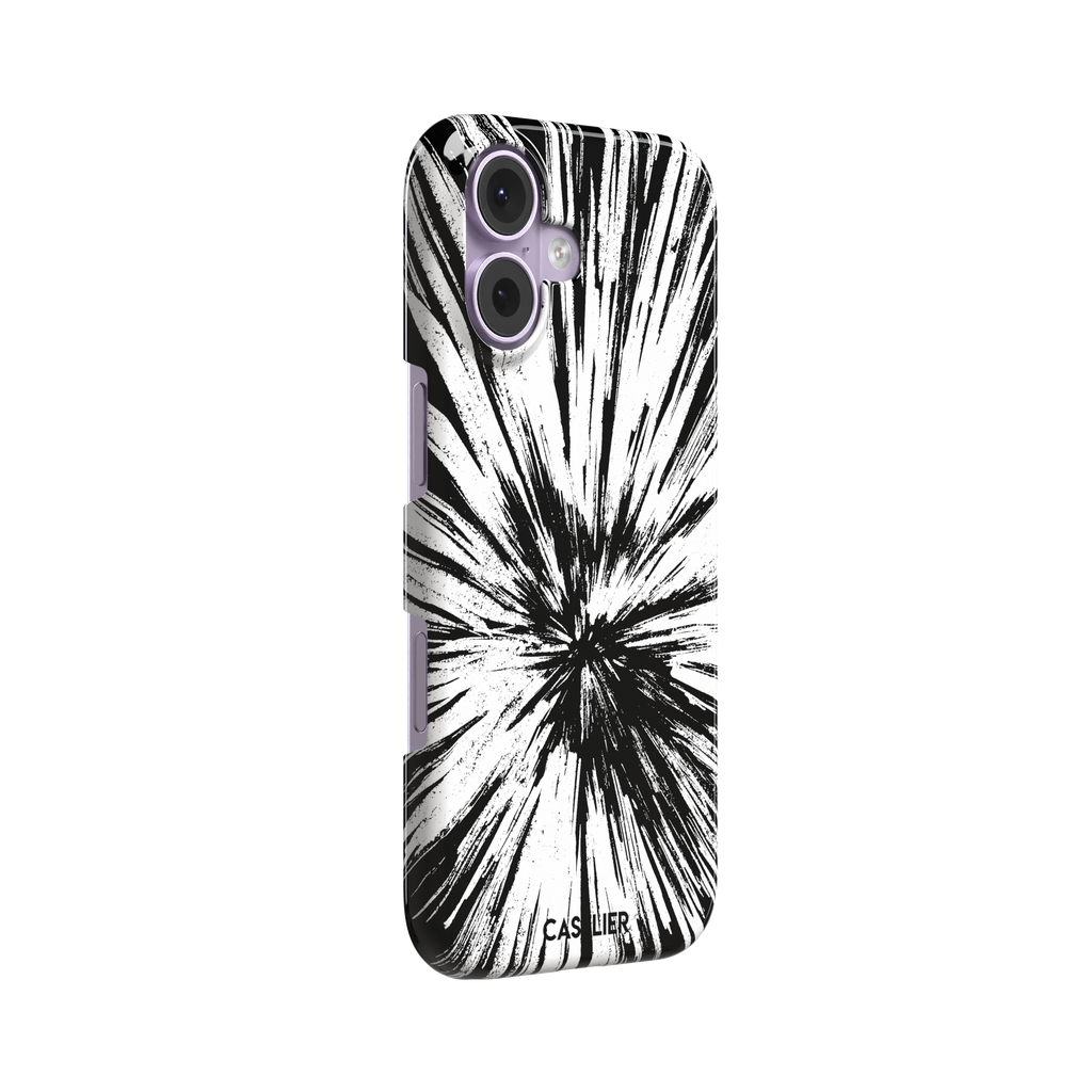 Shattered phone case with explosive radial black brushstroke burst on white background, phone case by Caselier — snap case, left view