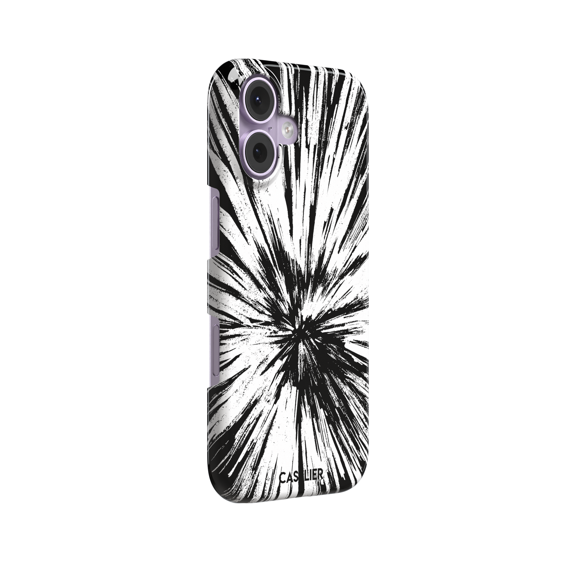 Shattered phone case with explosive radial black brushstroke burst on white background, phone case by Caselier — snap case, left view
