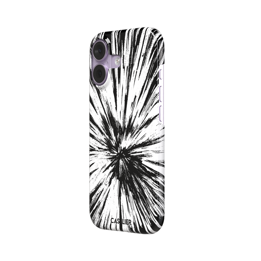 Shattered phone case with explosive radial black brushstroke burst on white background, phone case by Caselier — snap case, right view