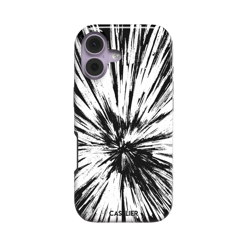 Shattered phone case with explosive radial black brushstroke burst on white background, phone case by Caselier — tough case, front view