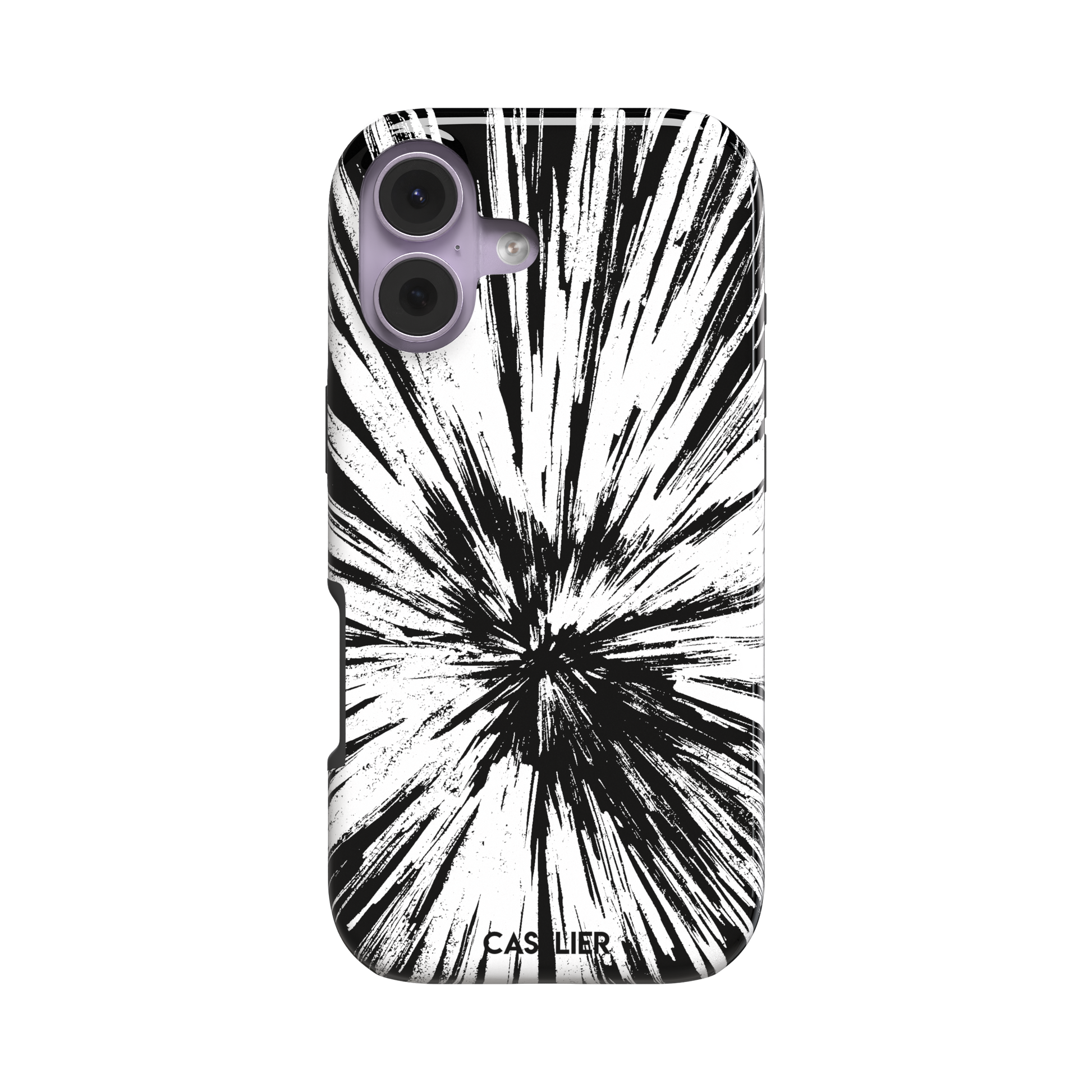 Shattered phone case with explosive radial black brushstroke burst on white background, phone case by Caselier — tough case, front view