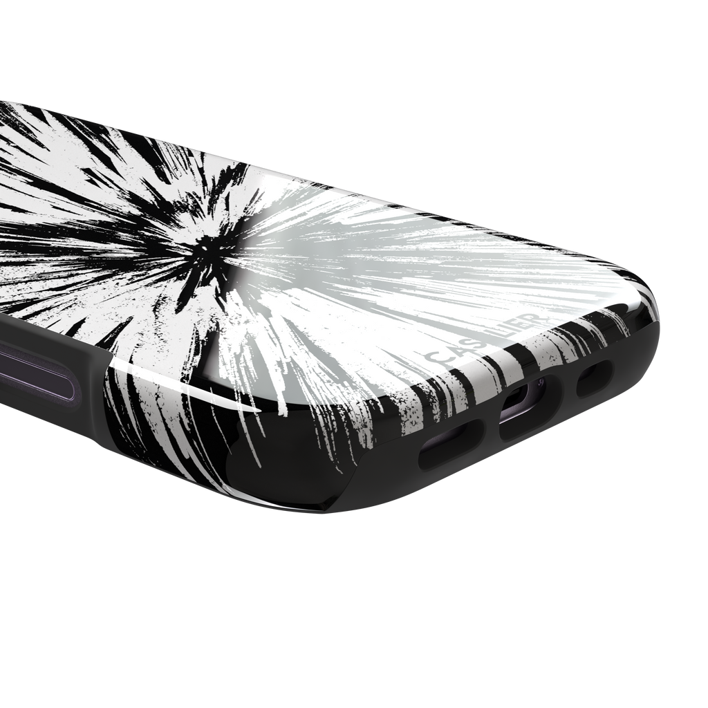 Shattered phone case with explosive radial black brushstroke burst on white background, phone case by Caselier — tough case, charging port detail