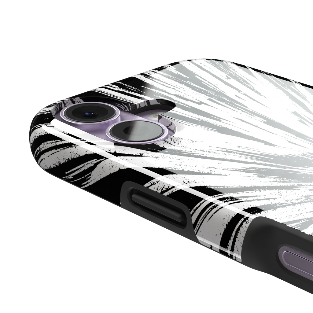 Shattered phone case with explosive radial black brushstroke burst on white background, phone case by Caselier — tough case, volume buttons detail