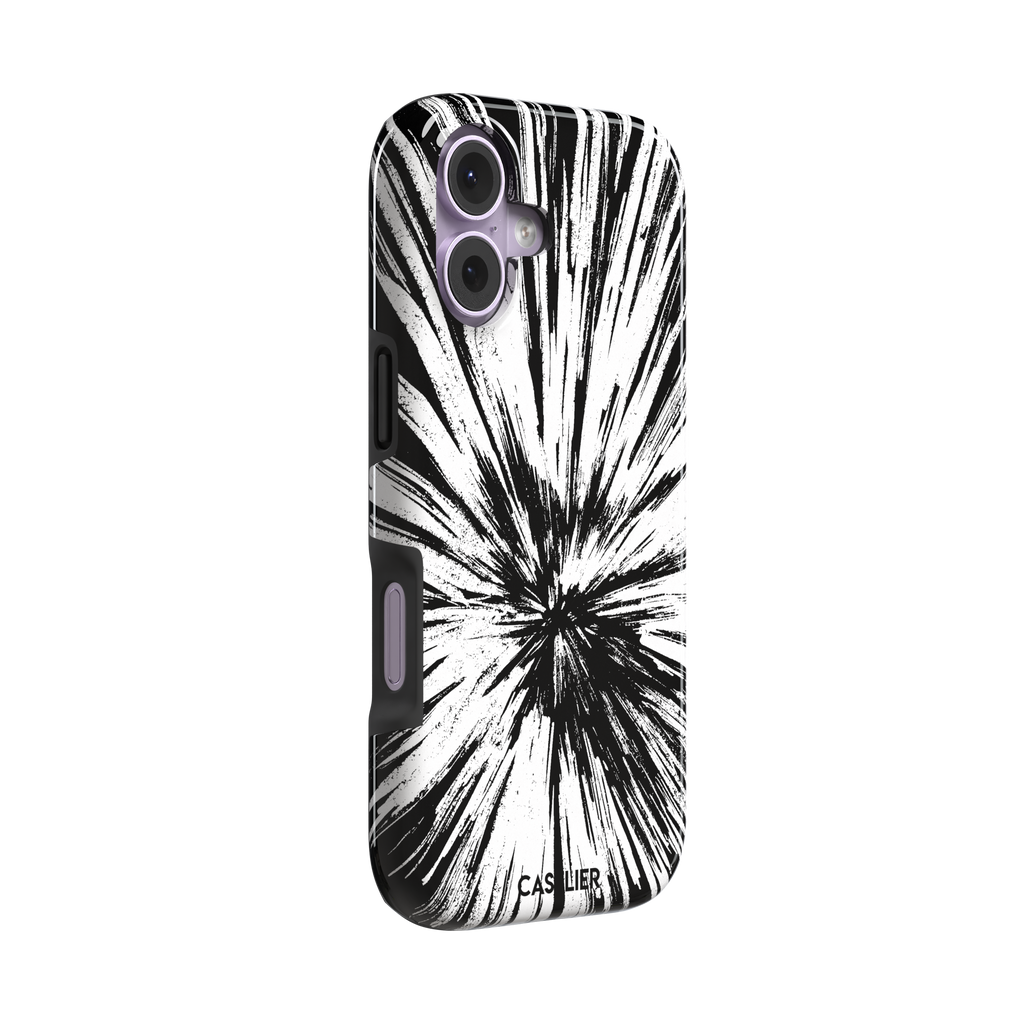 Shattered phone case with explosive radial black brushstroke burst on white background, phone case by Caselier — tough case, left view