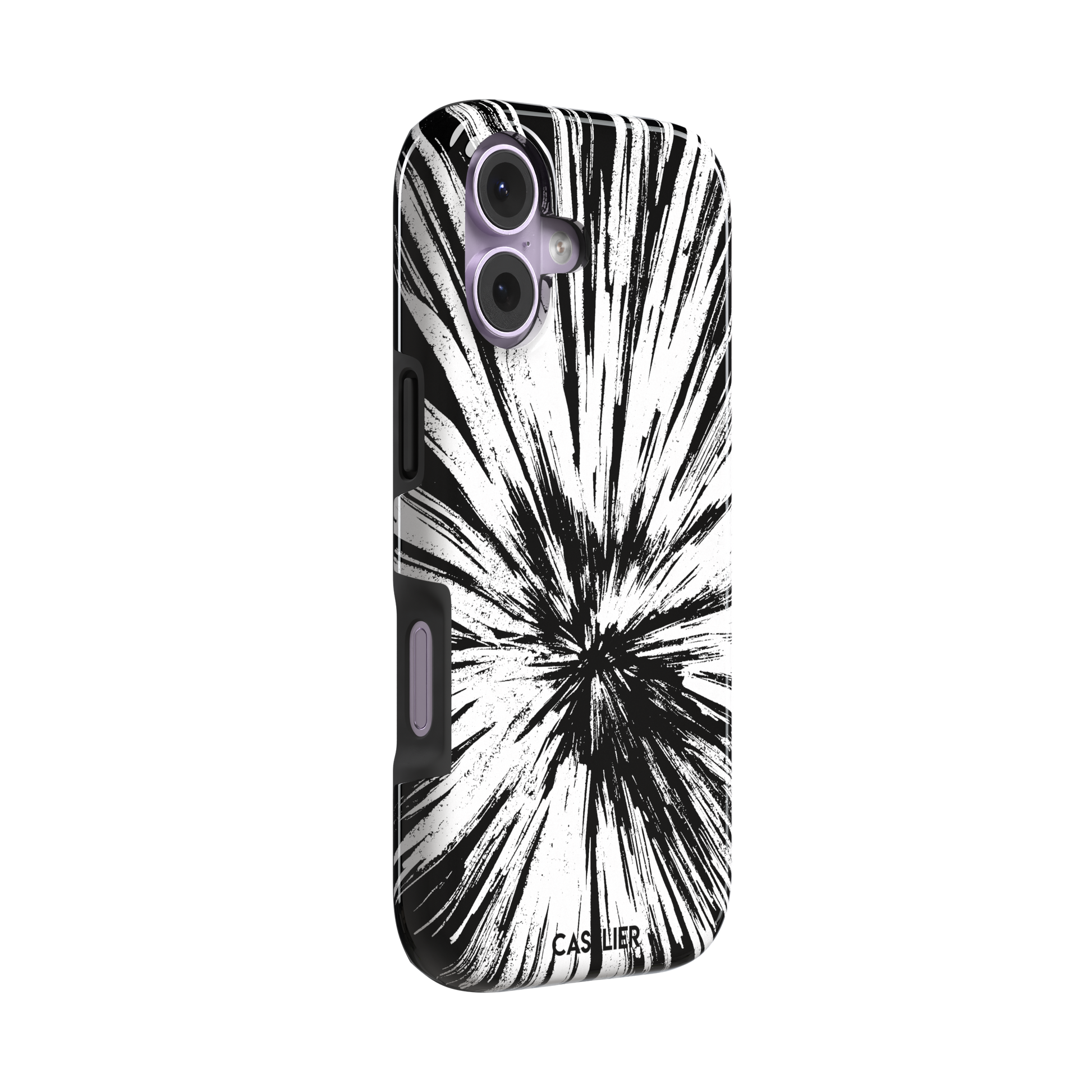 Shattered phone case with explosive radial black brushstroke burst on white background, phone case by Caselier — tough case, left view