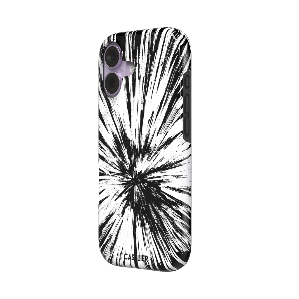 Shattered phone case with explosive radial black brushstroke burst on white background, phone case by Caselier — tough case, right view