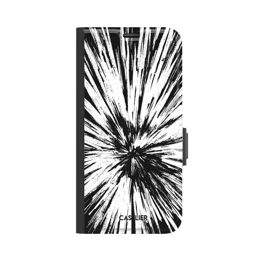Shattered phone case with explosive radial black brushstroke burst on white background, phone case by Caselier — wallet case, front view
