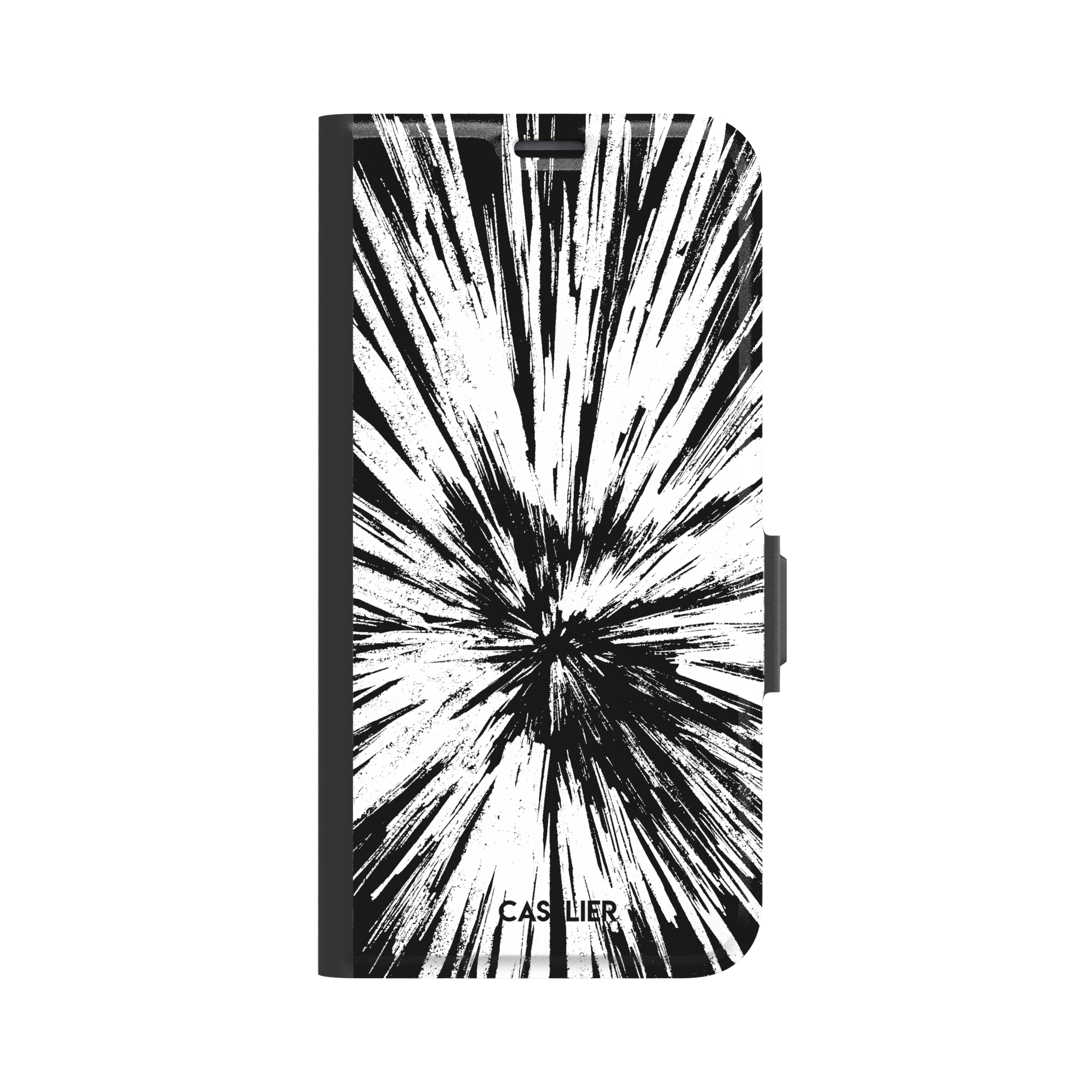 Shattered phone case with explosive radial black brushstroke burst on white background, phone case by Caselier — wallet case, front view