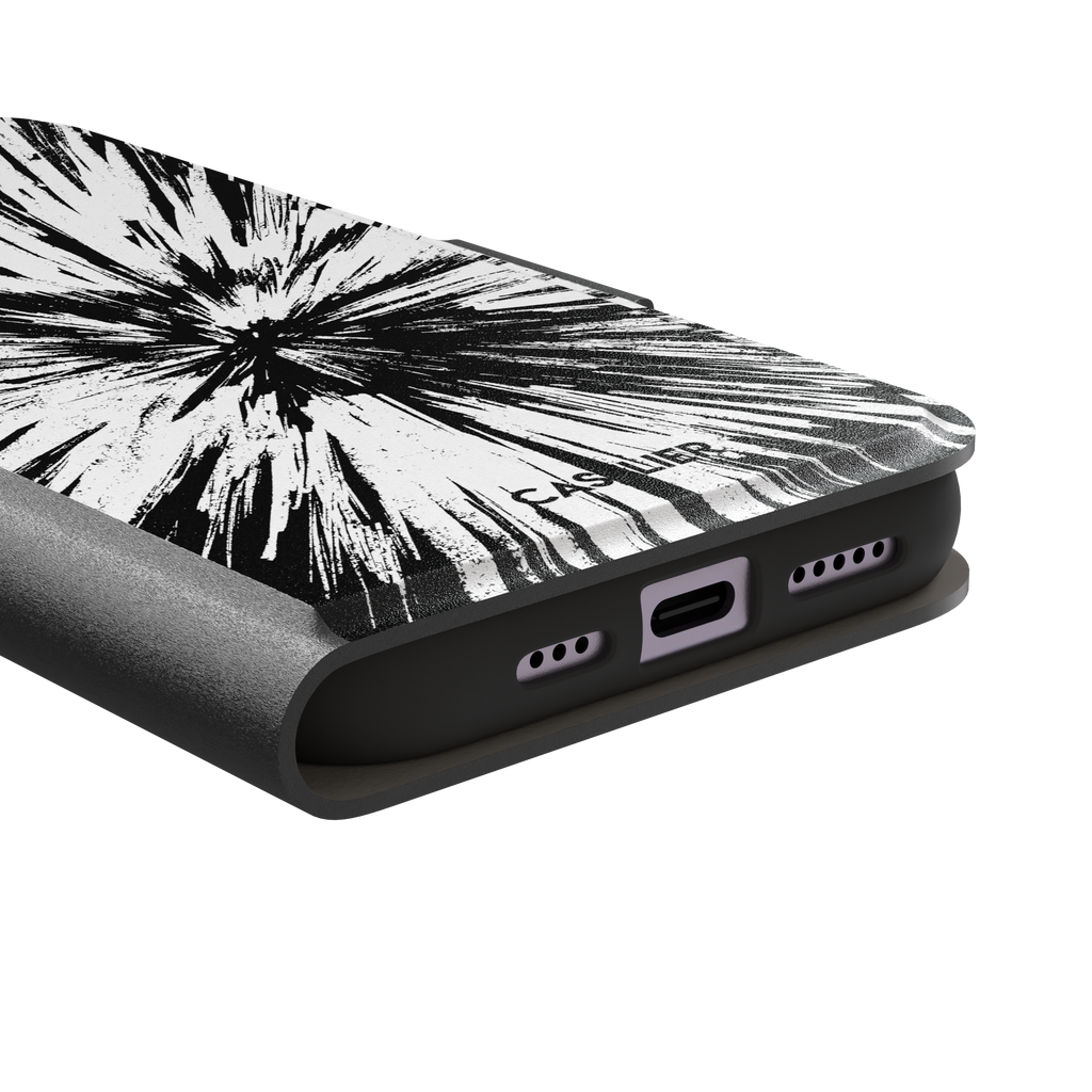 Shattered phone case with explosive radial black brushstroke burst on white background, phone case by Caselier — wallet case, charging port detail