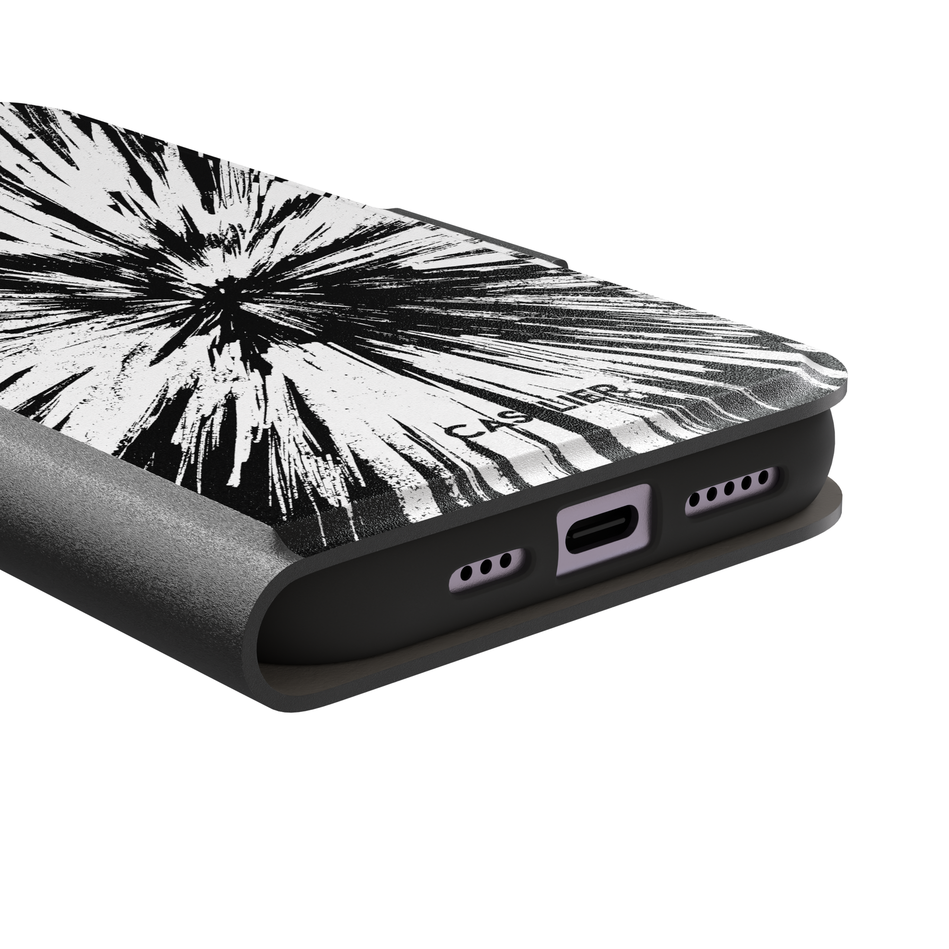 Shattered phone case with explosive radial black brushstroke burst on white background, phone case by Caselier — wallet case, charging port detail