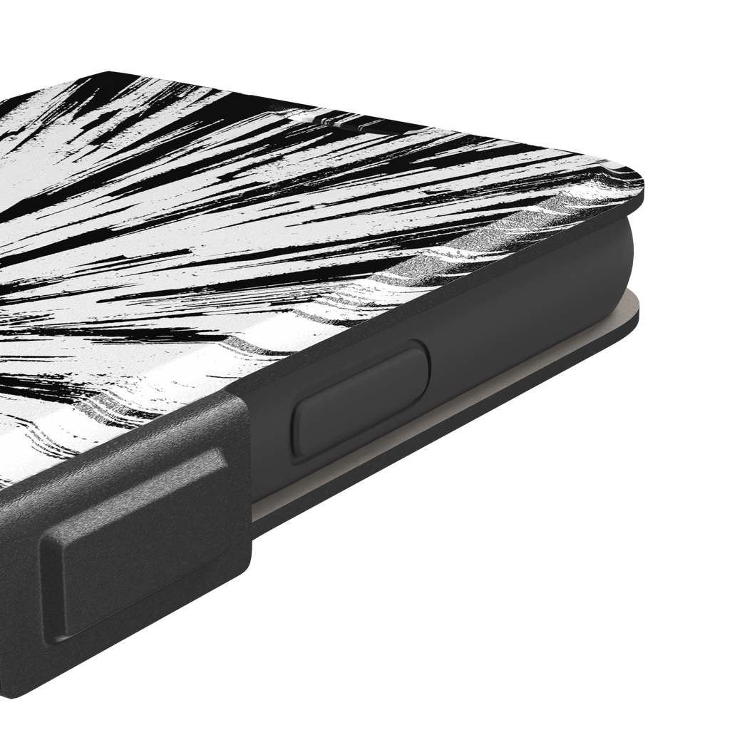 Shattered phone case with explosive radial black brushstroke burst on white background, phone case by Caselier — wallet case, volume buttons detail