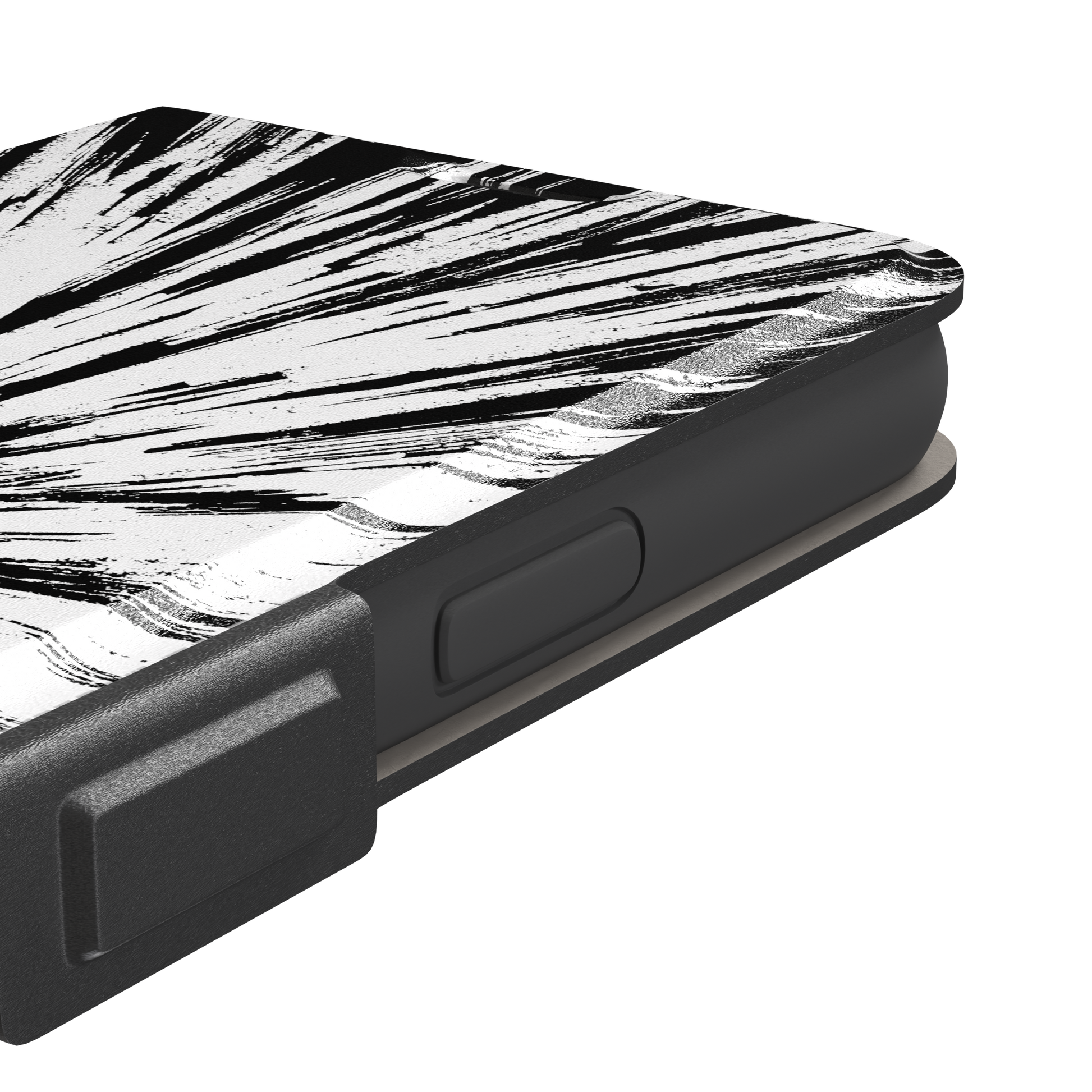 Shattered phone case with explosive radial black brushstroke burst on white background, phone case by Caselier — wallet case, volume buttons detail