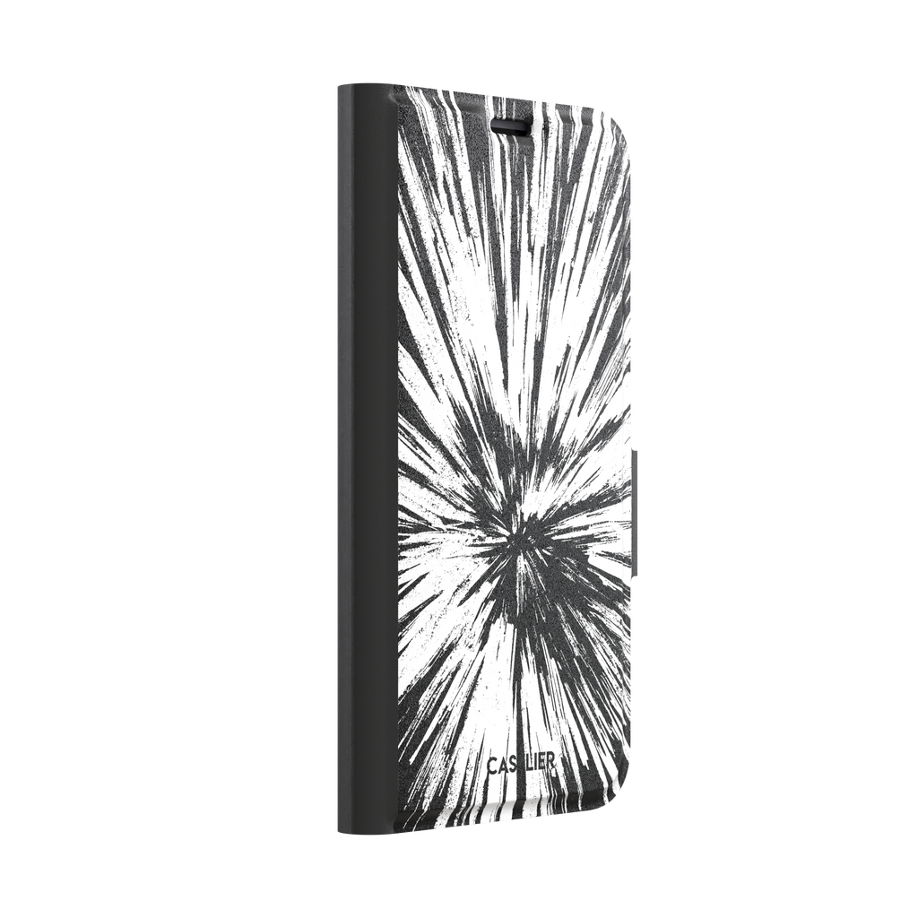 Shattered phone case with explosive radial black brushstroke burst on white background, phone case by Caselier — wallet case, left view