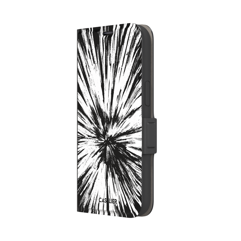 Shattered phone case with explosive radial black brushstroke burst on white background, phone case by Caselier — wallet case, right view