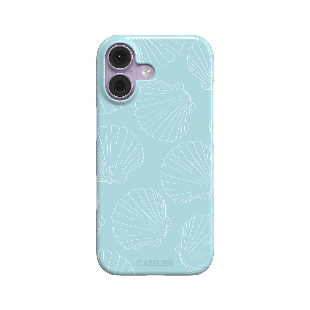 Mint blue phone case with white line-art scallop shells scattered in an all-over pattern, front view, phone case by Caselier — snap case, front view