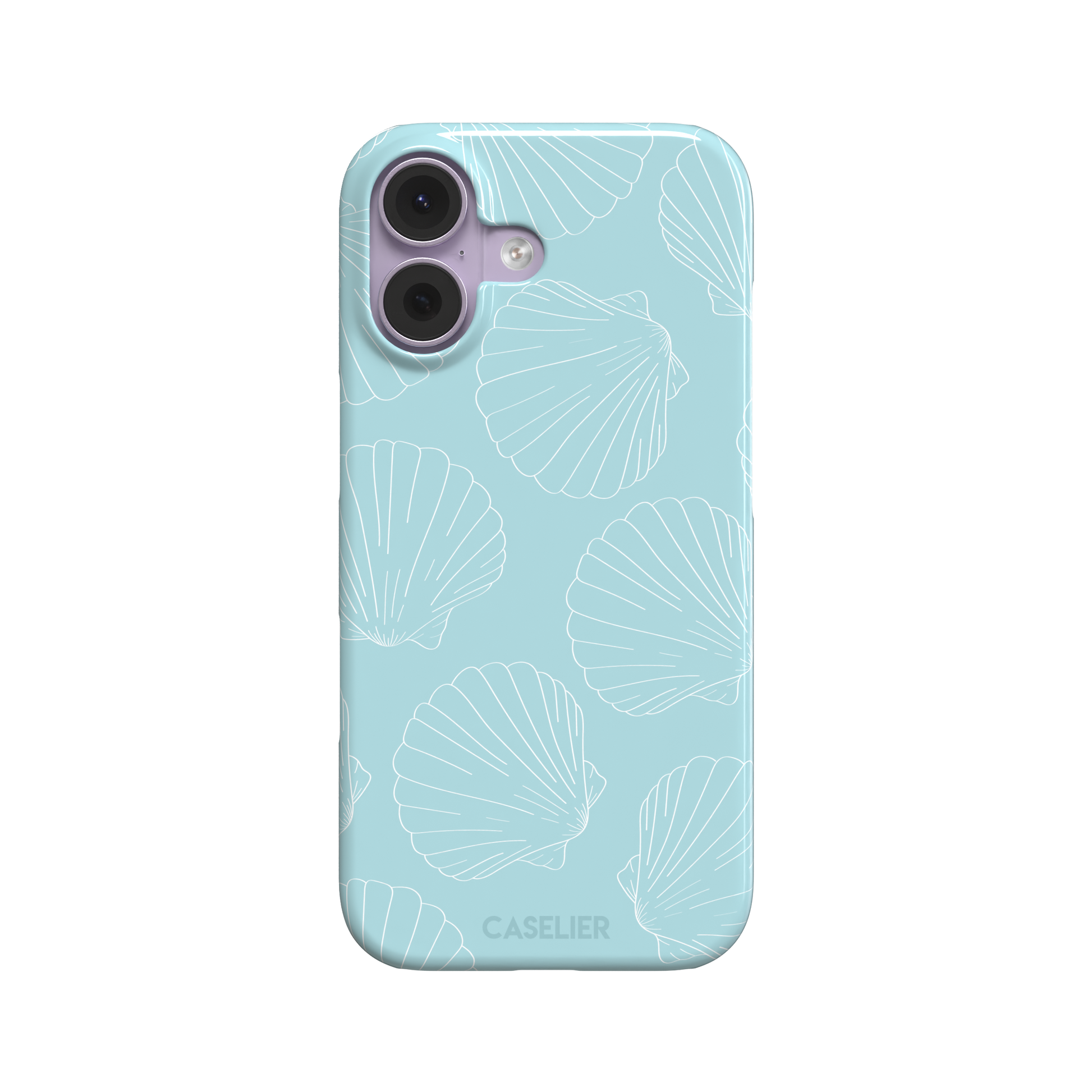 Mint blue phone case with white line-art scallop shells scattered in an all-over pattern, front view, phone case by Caselier — snap case, front view