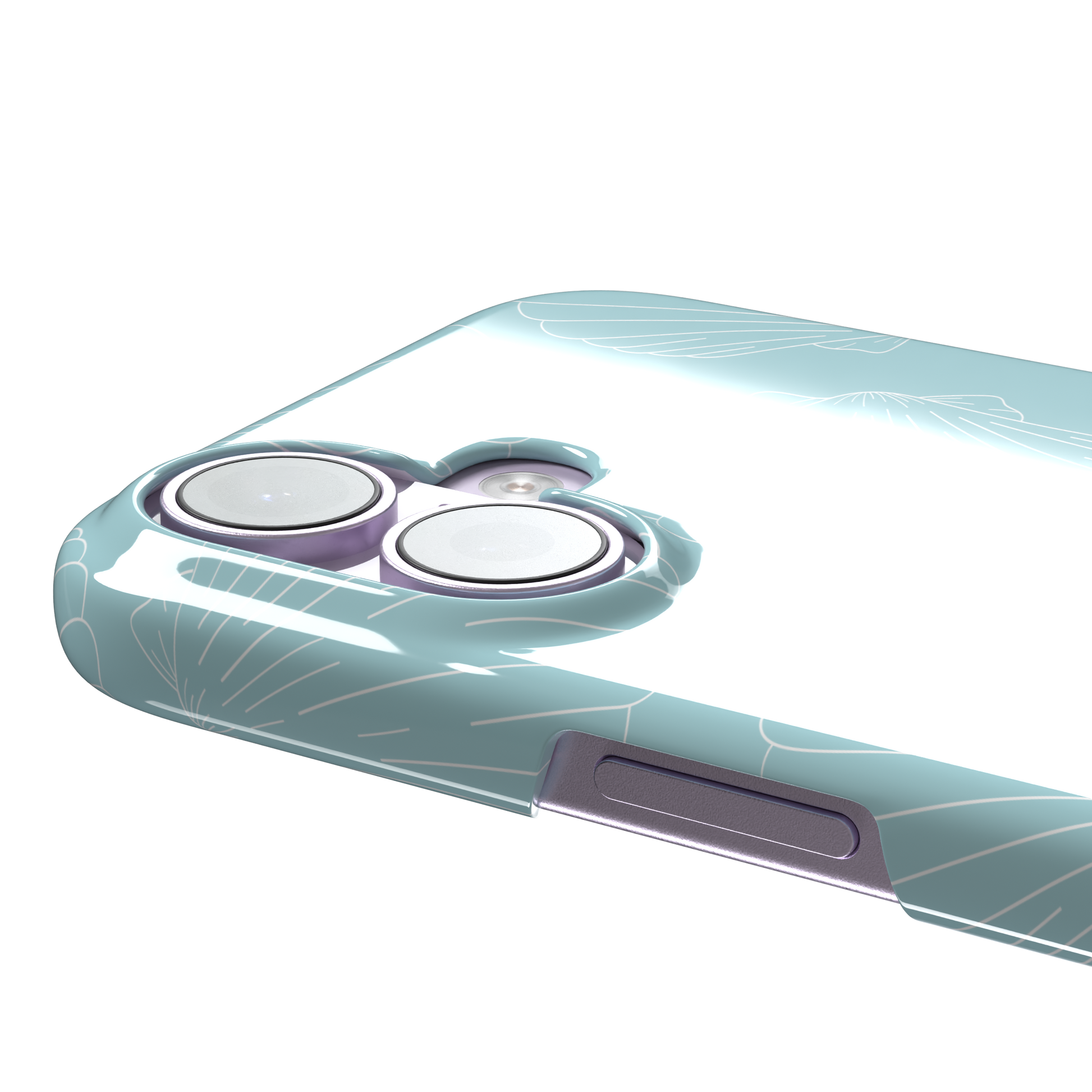 Mint blue phone case with white line-art scallop shells scattered in an all-over pattern, front view, phone case by Caselier — snap case, volume buttons detail