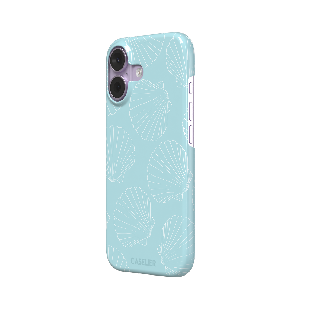 Mint blue phone case with white line-art scallop shells scattered in an all-over pattern, front view, phone case by Caselier — snap case, right view