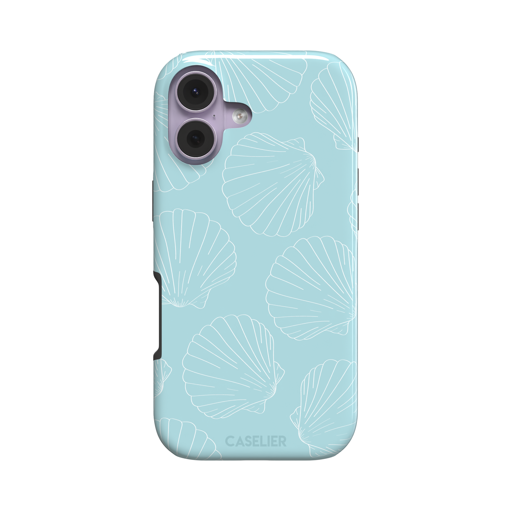 Mint blue phone case with white line-art scallop shells scattered in an all-over pattern, front view, phone case by Caselier — tough case, front view