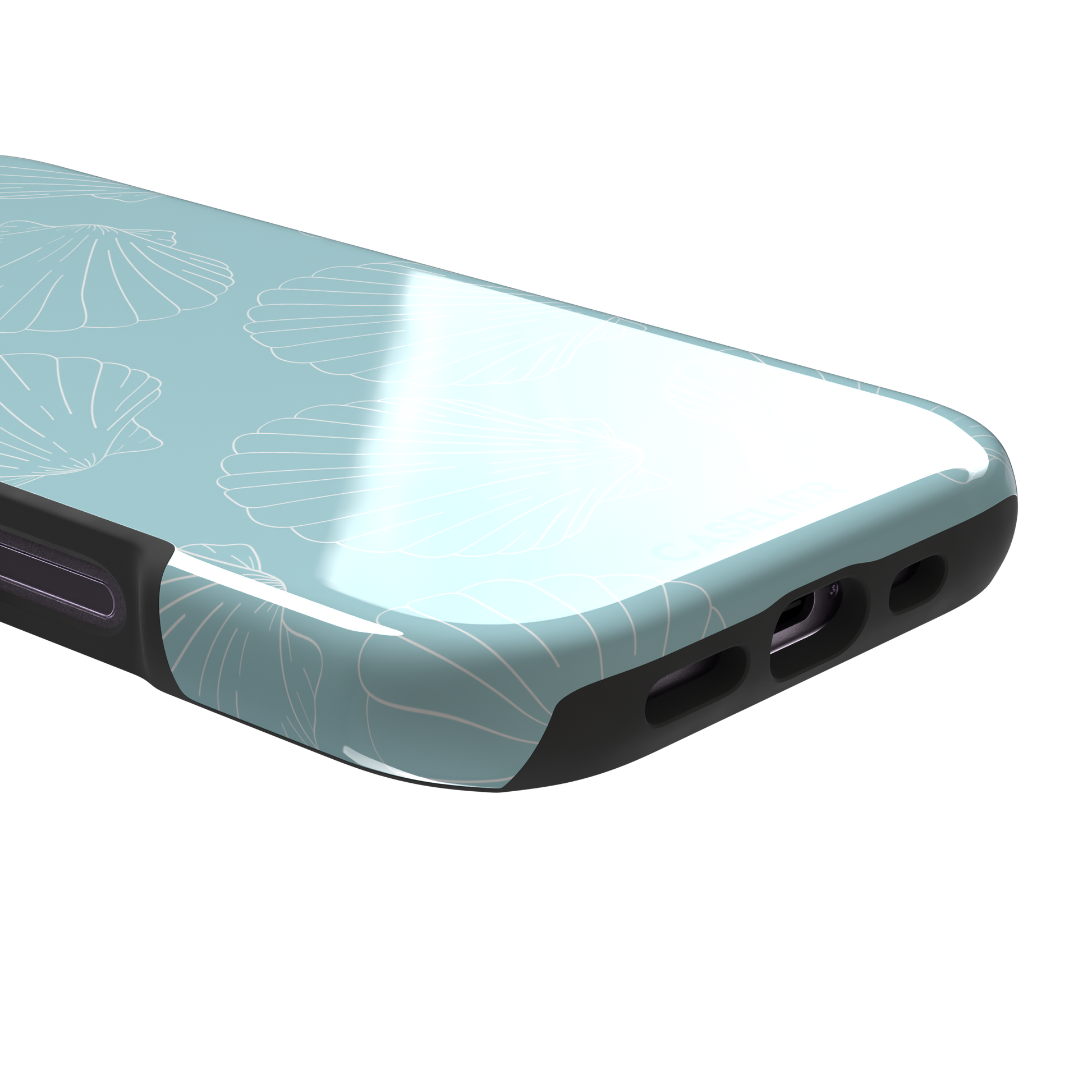 Mint blue phone case with white line-art scallop shells scattered in an all-over pattern, front view, phone case by Caselier — tough case, charging port detail