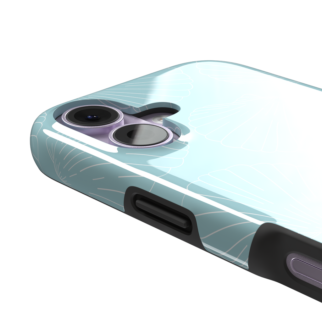 Mint blue phone case with white line-art scallop shells scattered in an all-over pattern, front view, phone case by Caselier — tough case, volume buttons detail