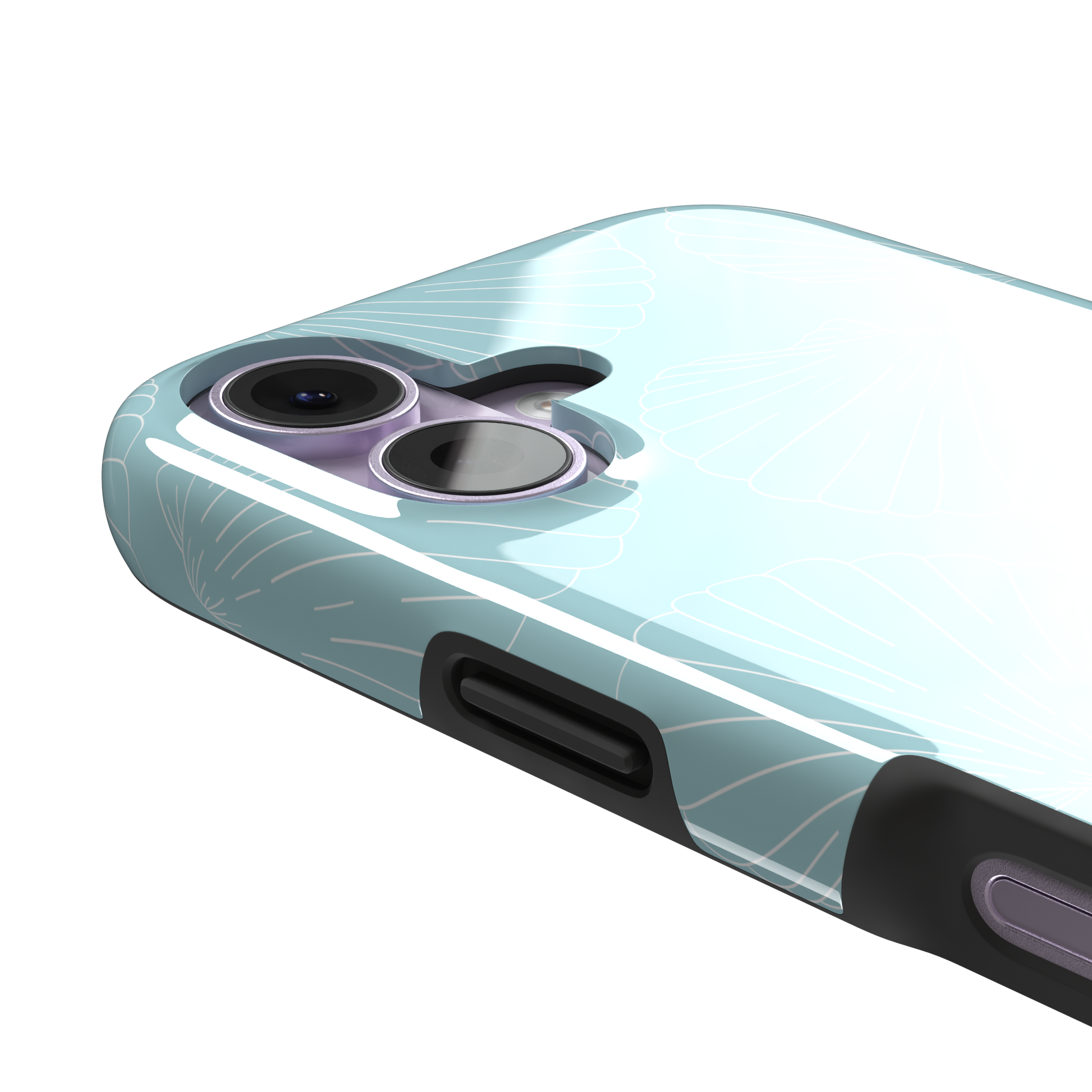 Mint blue phone case with white line-art scallop shells scattered in an all-over pattern, front view, phone case by Caselier — tough case, volume buttons detail