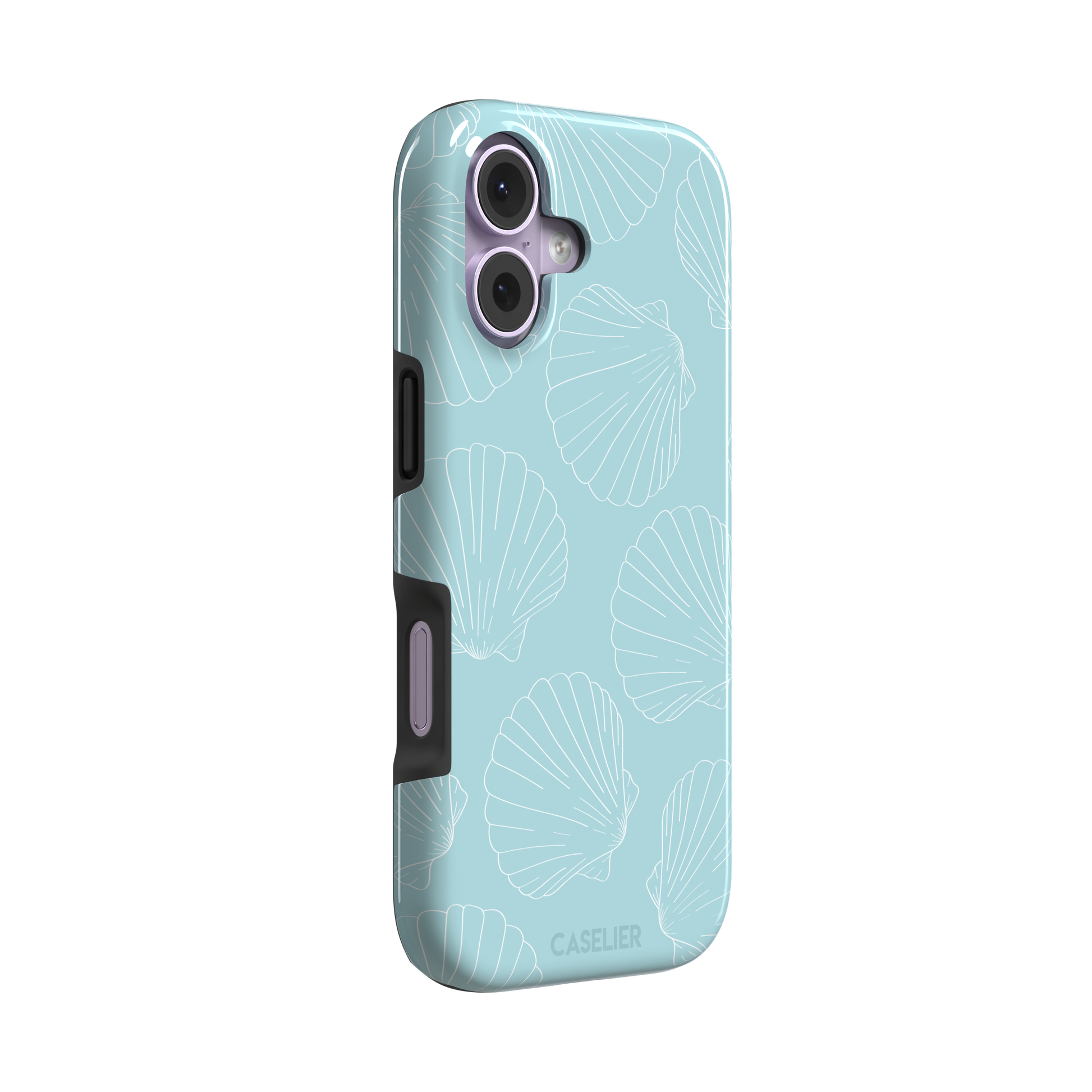Mint blue phone case with white line-art scallop shells scattered in an all-over pattern, front view, phone case by Caselier — tough case, left view