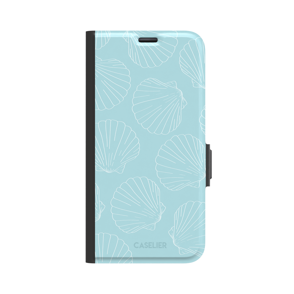 Mint blue phone case with white line-art scallop shells scattered in an all-over pattern, front view, phone case by Caselier — wallet case, front view