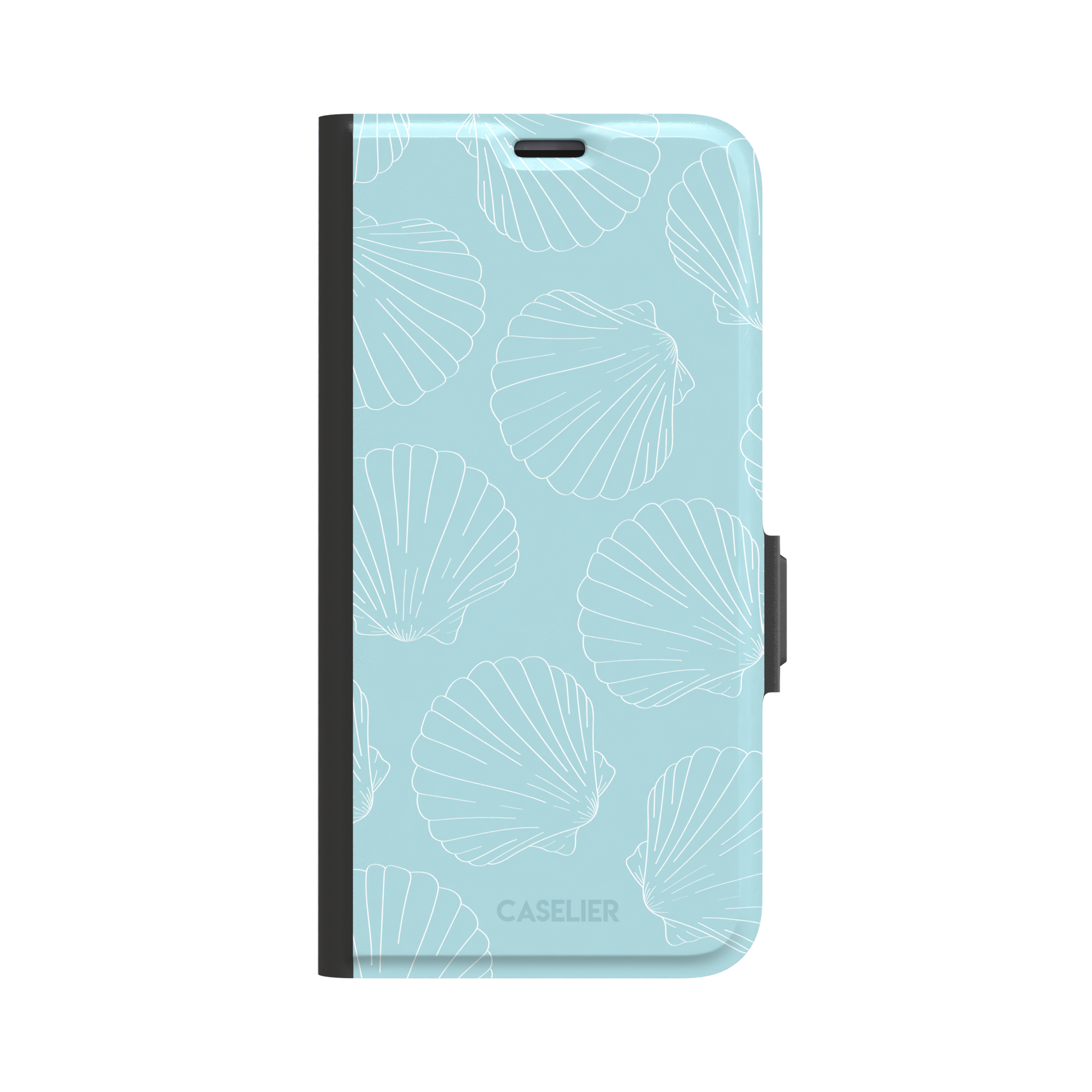 Mint blue phone case with white line-art scallop shells scattered in an all-over pattern, front view, phone case by Caselier — wallet case, front view