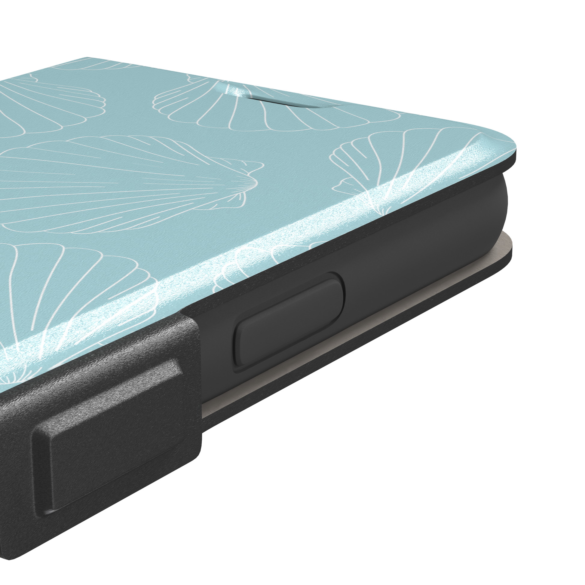 Mint blue phone case with white line-art scallop shells scattered in an all-over pattern, front view, phone case by Caselier — wallet case, volume buttons detail