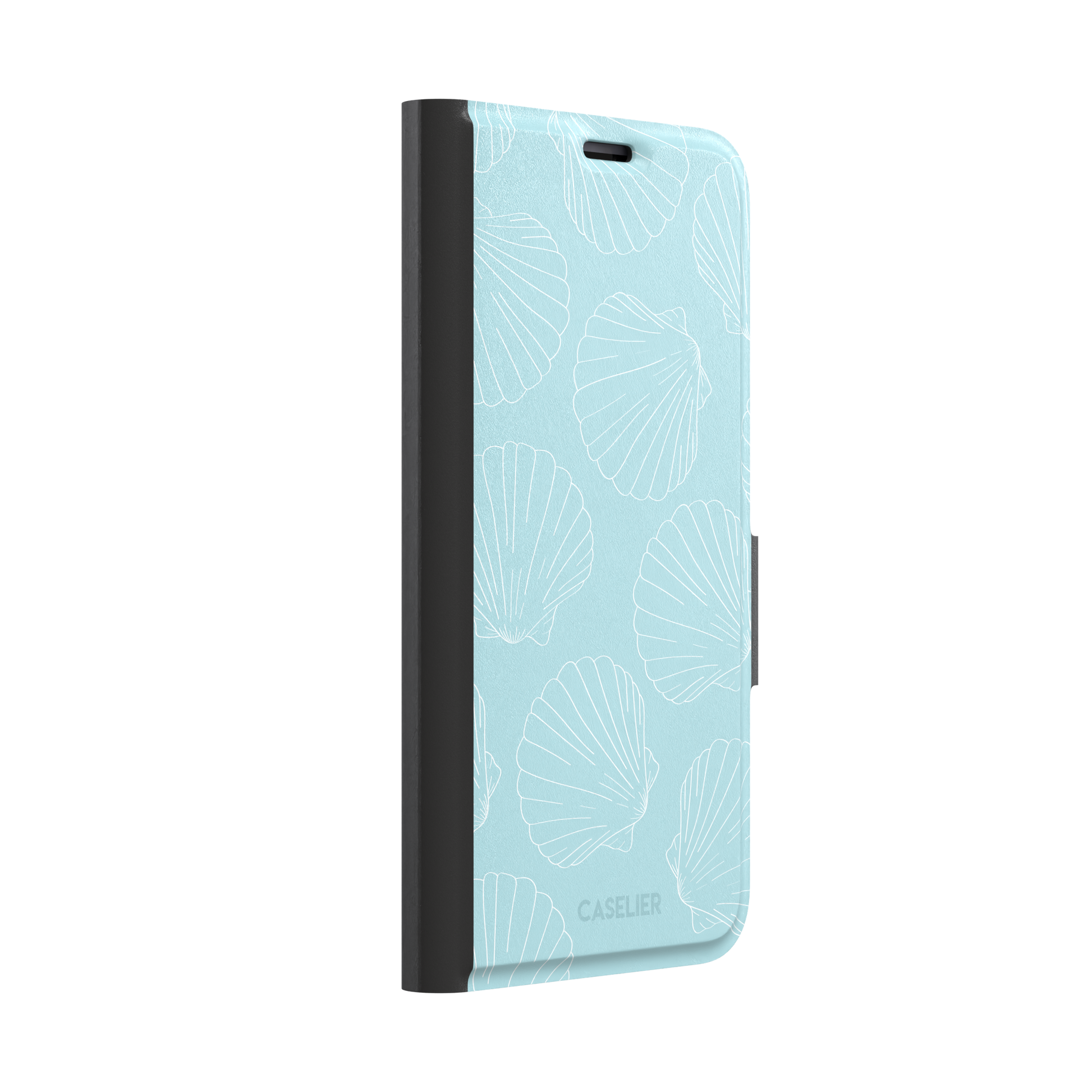 Mint blue phone case with white line-art scallop shells scattered in an all-over pattern, front view, phone case by Caselier — wallet case, left view