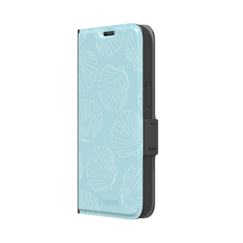 Mint blue phone case with white line-art scallop shells scattered in an all-over pattern, front view, phone case by Caselier — wallet case, right view