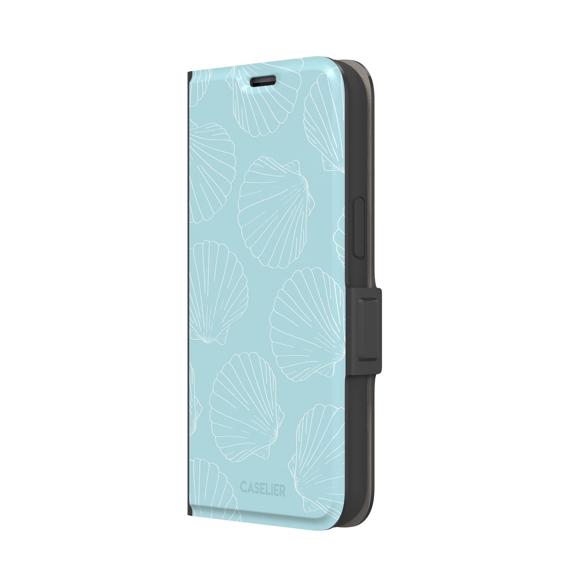 Mint blue phone case with white line-art scallop shells scattered in an all-over pattern, front view, phone case by Caselier — wallet case, right view