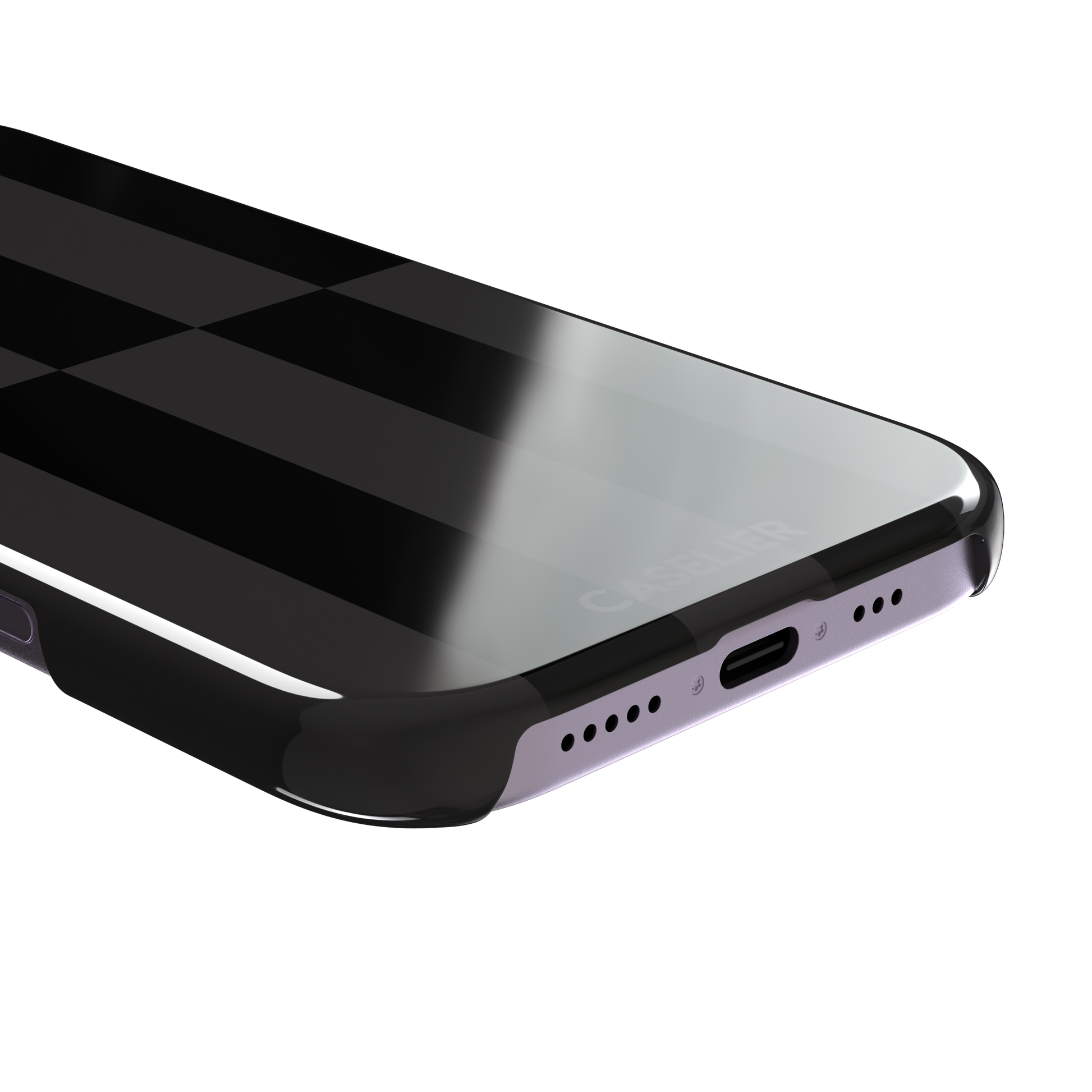 Shifted Stripe phone case in deep black and dark charcoal vertical offset checkerboard pattern, phone case by Caselier — snap case, charging port detail