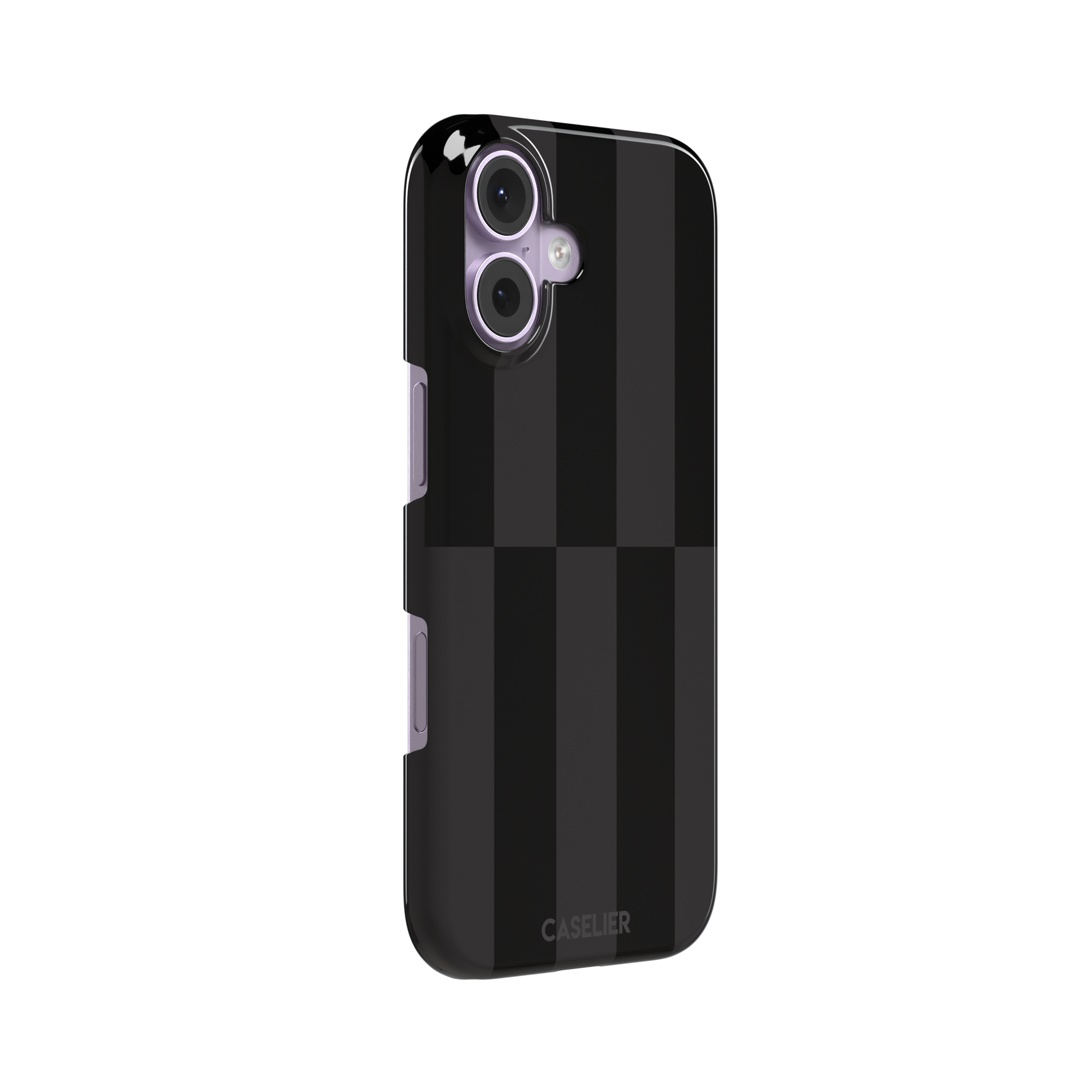 Shifted Stripe phone case in deep black and dark charcoal vertical offset checkerboard pattern, phone case by Caselier — snap case, left view